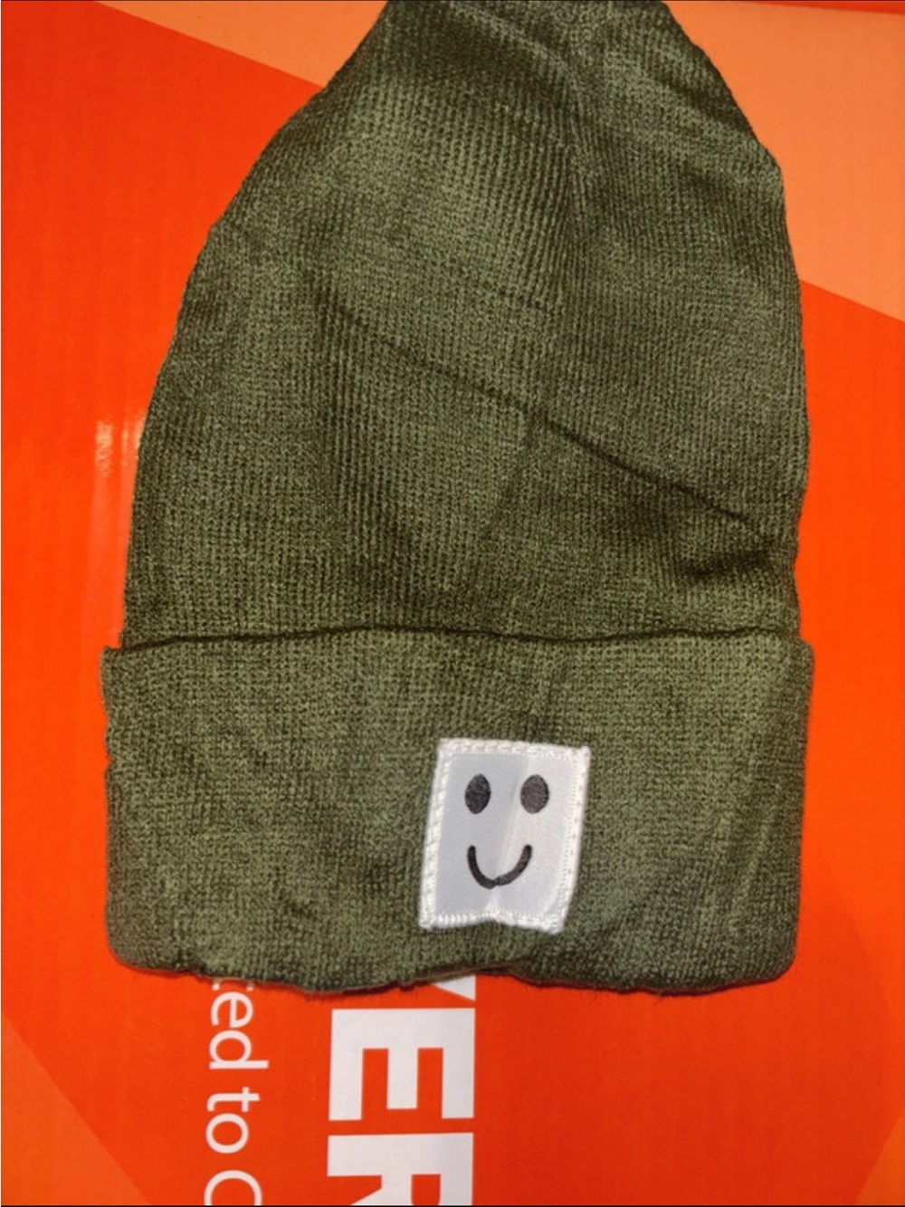 Kids Olive Green Knit Beanie with Smiley Patch